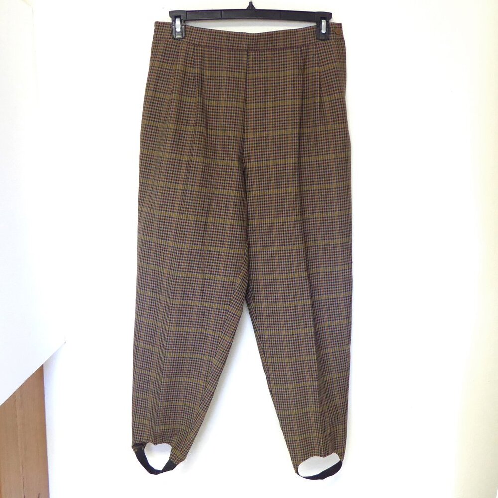 1980s Vintage Casablanca brown navy red plaid pleated front stirrup pants sz 14